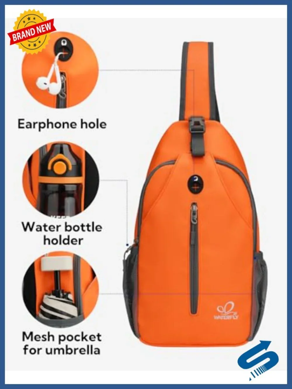 Crossbody Sling Backpack Travel Hiking Chest Bag Daypack with Earphone Hole